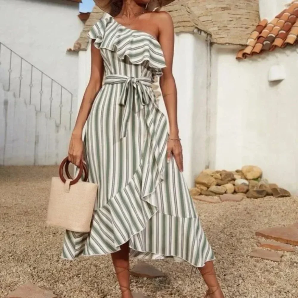 Striped ruffle hem belted one shoulder midi dress Boho - Picture 5 of 6